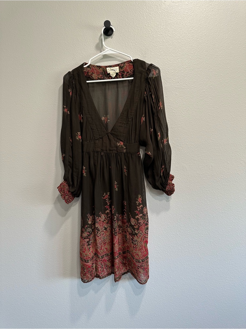 Denim & Supply size small Brown Floral deep V-Neck Long Sleeve Dress,sheer,fairy